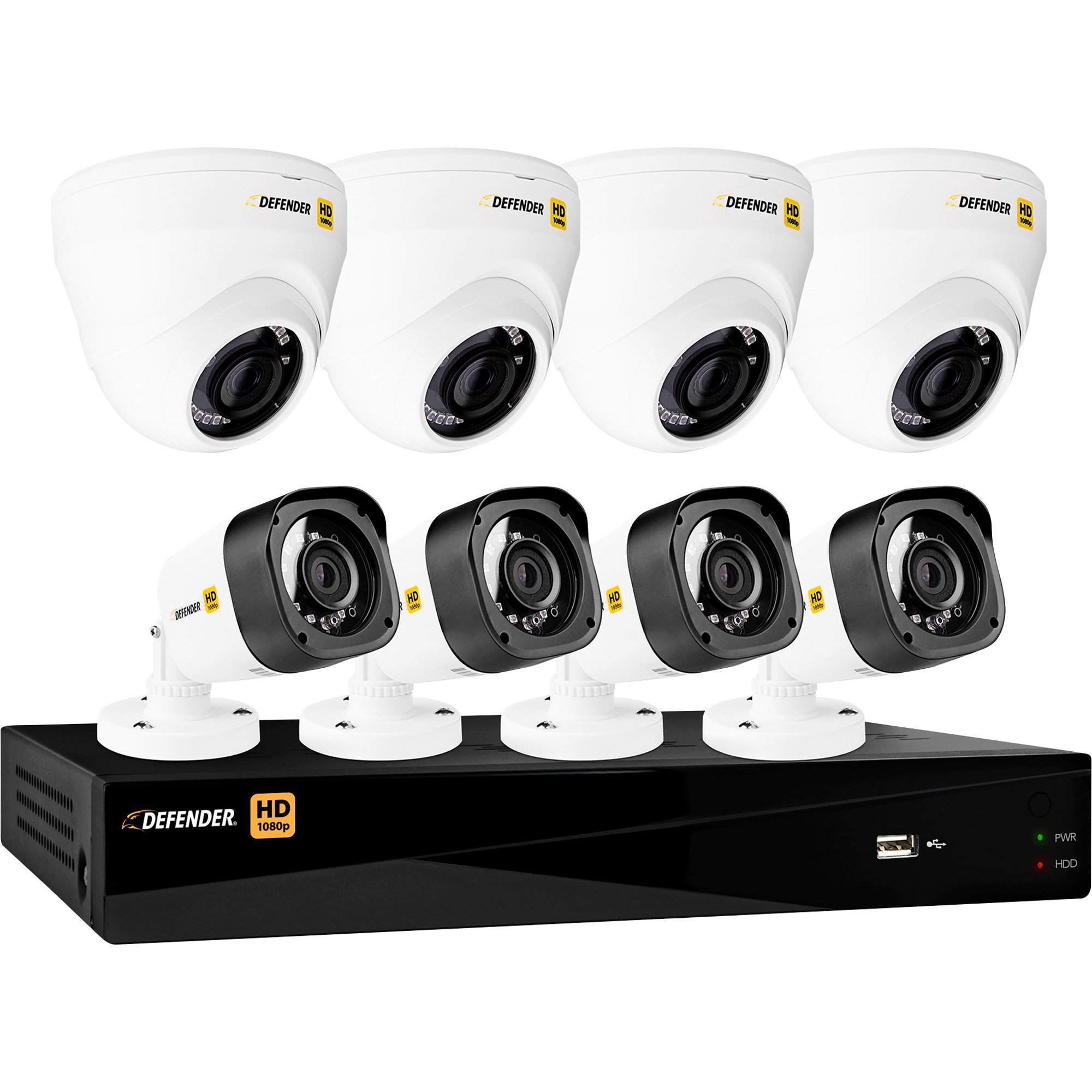 Defender HD 1080p 8-Channel 1 TB DVR  Security System with 4 Dome Cameras and 4 Bullet Cameras — Model# HD1T8D4B4